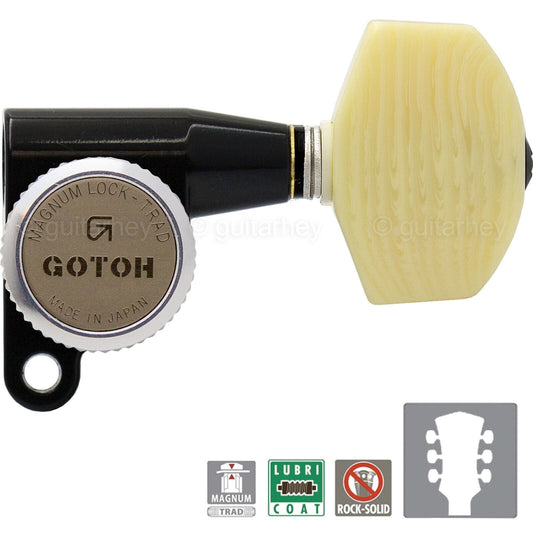 NEW Gotoh SG360-M01 MGT Locking Tuners L3+R3 w/ Large Ivory Buttons 3x3 - BLACK