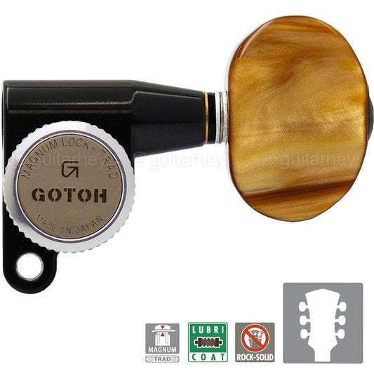 NEW Gotoh SG360-P2 MGT Locking Tuners L3+R3 w/ LARGE Amber Buttons 3x3 - BLACK