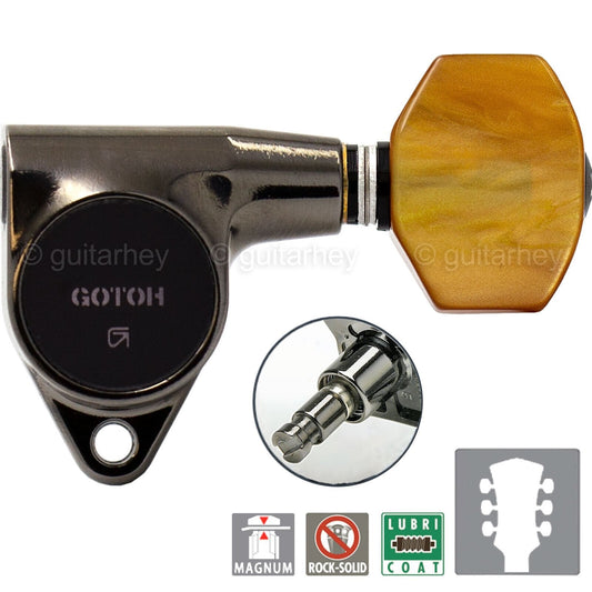 NEW Gotoh SG301-P8 MG Locking Tuners SMALL Amber Buttons Set 3x3 - COSMO BLACK