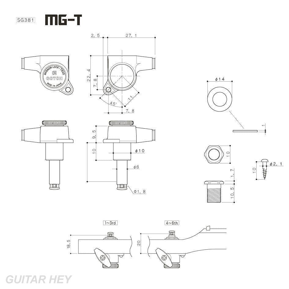 NEW Gotoh SG381-M07 MGT 6 in Line Set Locking Tuners IVORY Style Buttons - BLACK