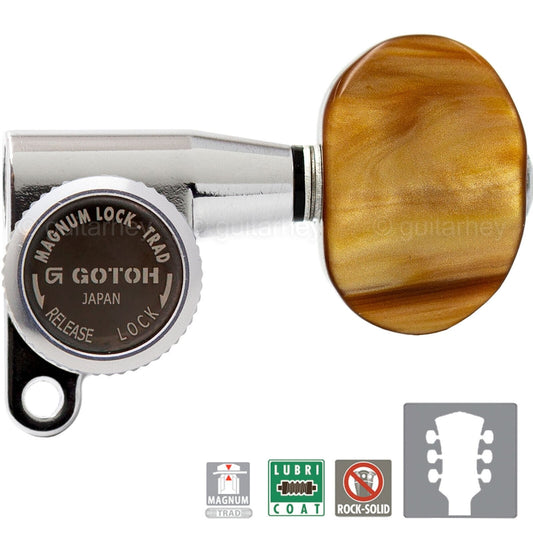 NEW Gotoh SG360-P2 MGT L3+R3 Locking Tuners w/ LARGE AMBER Buttons 3x3 - CHROME