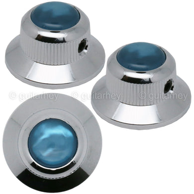 NEW (3) Q-Parts UFO Guitar Knobs KCU-0770 Acrylic Aqua Pearl on Top - CHROME