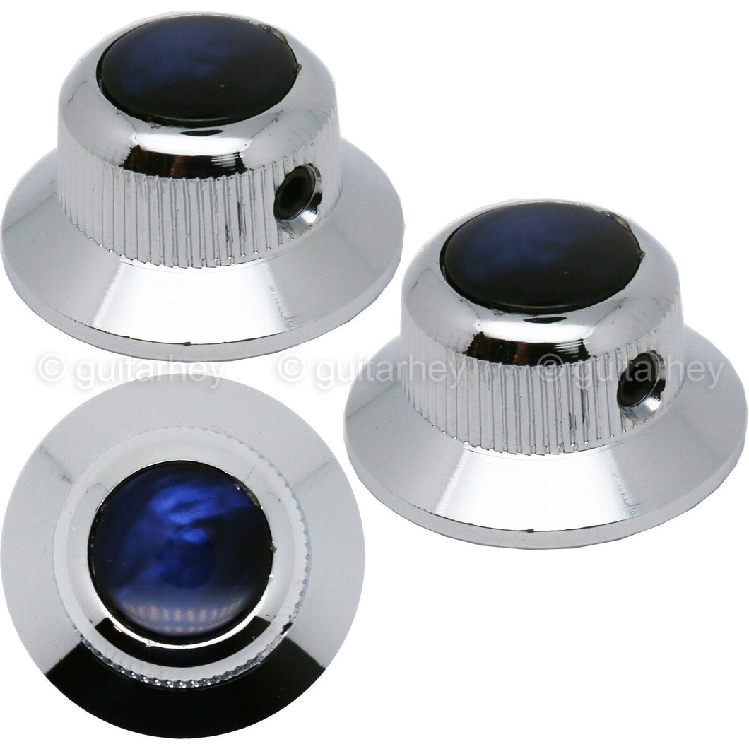 NEW (3) Q-Parts UFO Guitar Knobs KCU-0758 Acrylic Blue Pearl on Top - CHROME