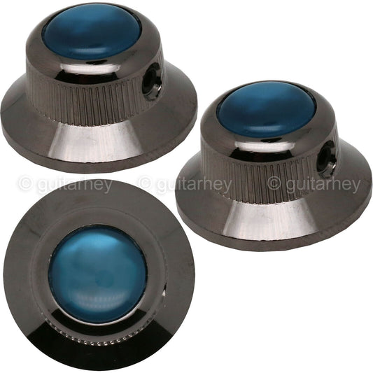 NEW (3) Q-Parts UFO Guitar Knobs KBU-0769 Acrylic Aqua Pearl on Top COSMO BLACK