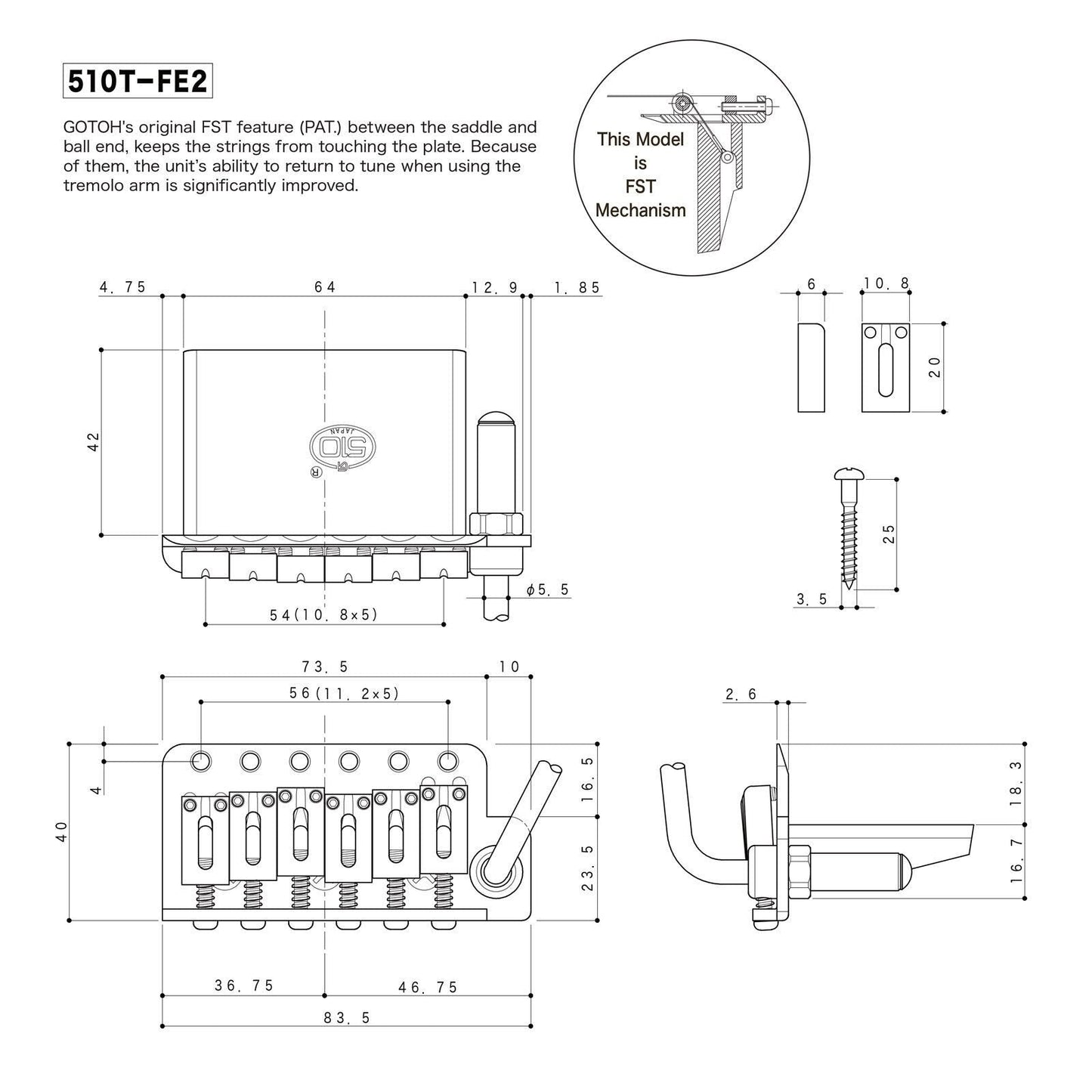 NEW Gotoh 510T-FE2 Non-locking Tremolo Bridge Steel Saddles LEFTY HAND - CHROME