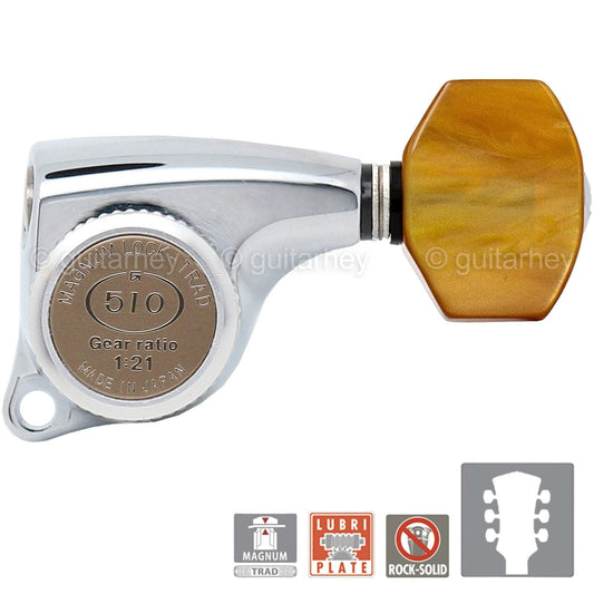 NEW Gotoh SGL510Z-P8 MGT Locking Tuning Keys, 21:1 Ratio Set AMBER 3x3 - CHROME