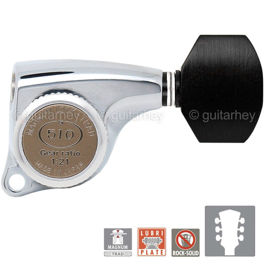 NEW Gotoh SGL510Z-EN07 MGT Locking Tuning Keys, 21:1 Ratio Set EBONY 3x3, CHROME