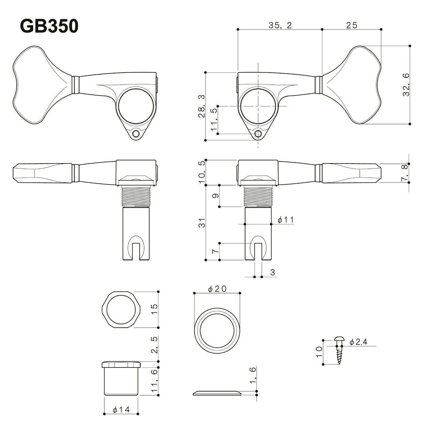 NEW Gotoh GB350 RES-O-LITE Aluminum TREBLE Side 4-in Line Tuning Keys Set - GOLD