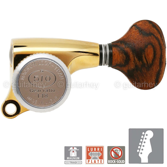 NEW Gotoh SGS510Z-RS5 MGT 6 in line Locking Tuners Set w/ Wood Buttons - GOLD