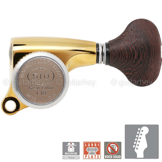 NEW Gotoh SGS510Z-TS5 MGT 6 in line Locking Tuners Set w/ Wood Buttons - GOLD