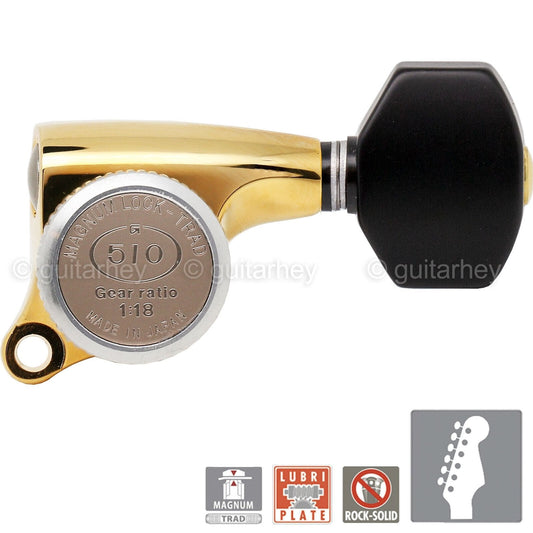 NEW Gotoh SGS510Z-B07 MGT 6 in line Locking Tuners Set w/ Black Buttons - GOLD