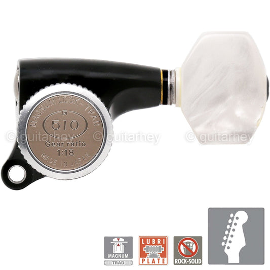 NEW Gotoh SGS510Z-P7 MGT 6 in line Locking Tuners Set w/ Pearloid Buttons, BLACK