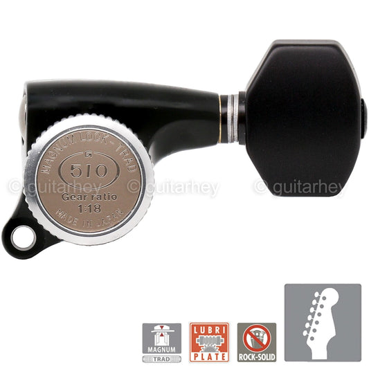 NEW Gotoh SGS510Z-B07 MGT 6 in line Locking Tuners Set w/ Plastic Buttons, BLACK