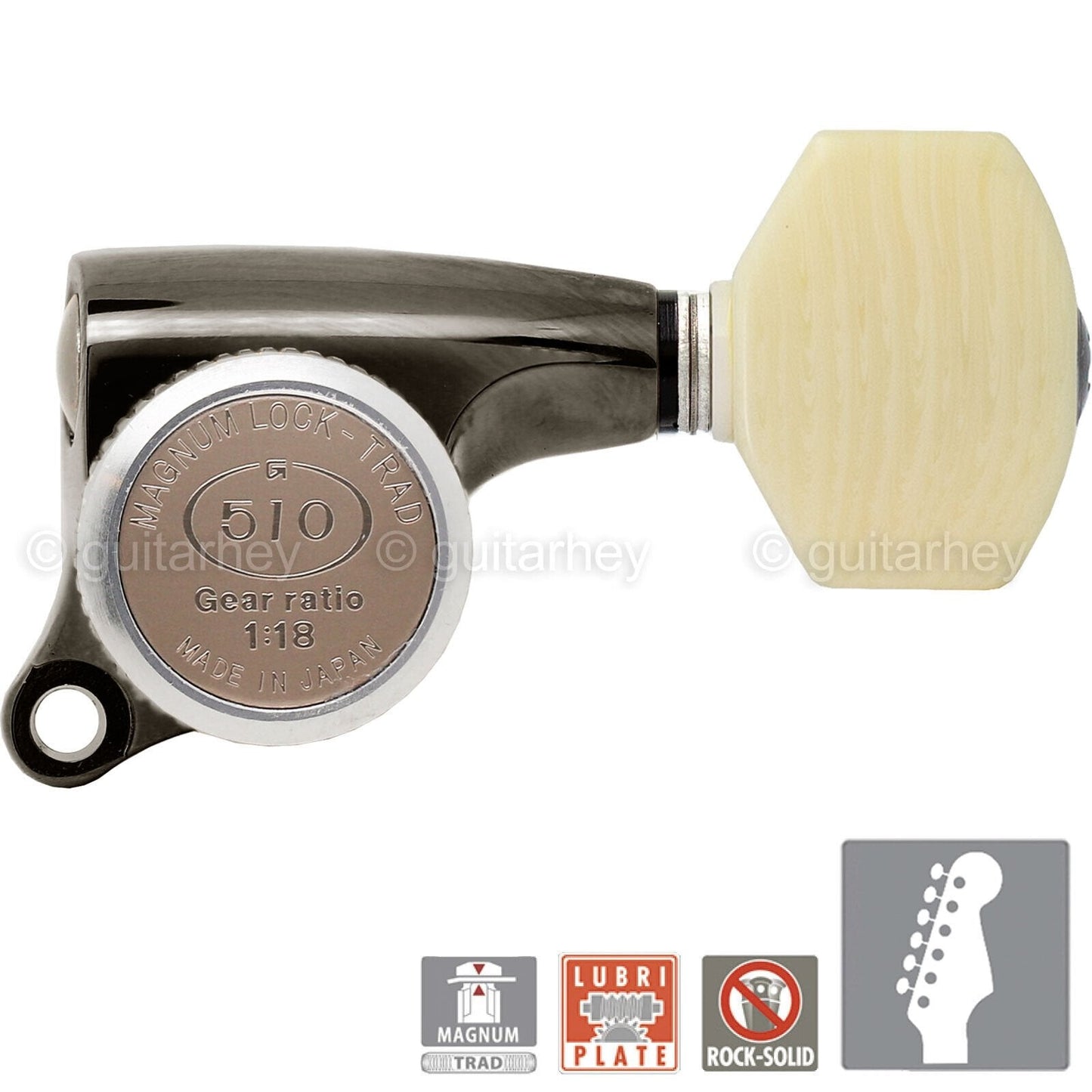 NEW Gotoh SGS510Z-M07 MGT 6 in line Set LOCKING w/ IVORY Buttons - COSMO BLACK