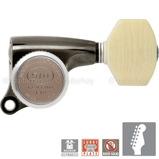 NEW Gotoh SGS510Z-M07 MGT 6 in line Set LOCKING w/ IVORY Buttons - COSMO BLACK