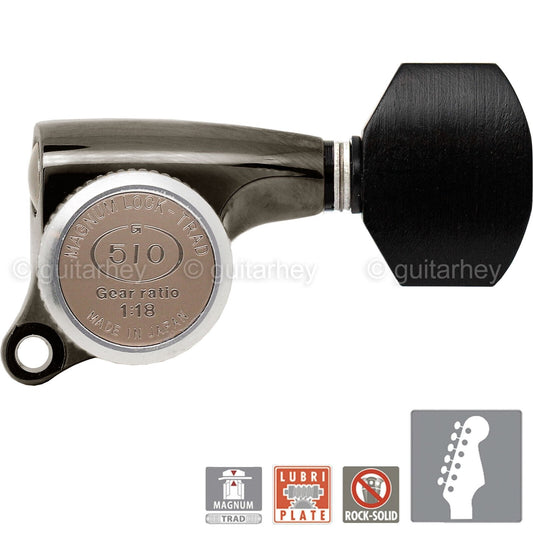 NEW Gotoh SGS510Z-EN07 MGT 6 in line Set LOCKING w/ EBONY Buttons - COSMO BLACK