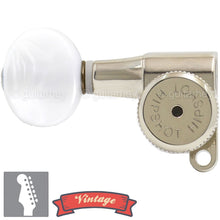 Load image into Gallery viewer, NEW Hipshot VINTAGE 6-in-Line Locking Tuners 8.5mm Oval Pearl LEFT-HANDED NICKEL