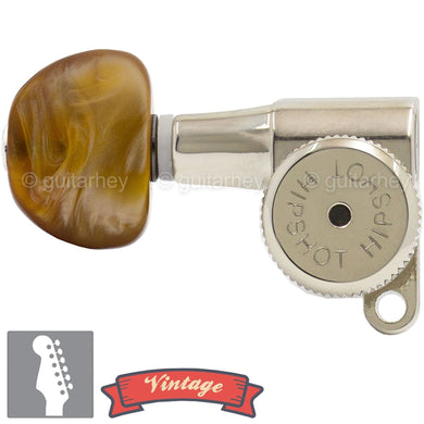 NEW Hipshot VINTAGE 6-in-Line Locking Tuners 8.5mm Amber LEFT-HANDED, NICKEL