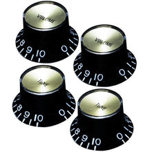 Carregar imagem no visualizador da galeria, NEW Set 4 Bell Top Hat Knobs Gibson® Style BLACK Gold Plate METRIC Tone Volume