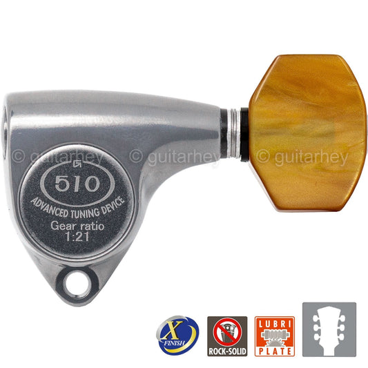 NEW Gotoh SGV510Z-P8 Tuners L3+R3 Keys 1:21 Ratio, AMBER 3x3 - X-FINISH CHROME