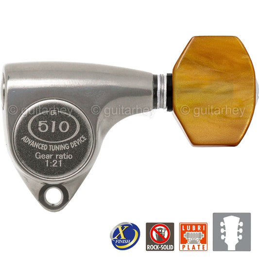 NEW Gotoh SGV510Z-P8 Tuners L3+R3 Keys 1:21 Ratio, AMBER 3x3 - X-FINISH NICKEL