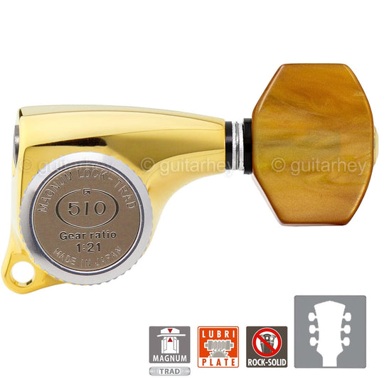 NEW Gotoh SGL510Z-P8 MGT Locking Tuning Keys, AMBER, 21:1 Ratio Set 3x3 - GOLD
