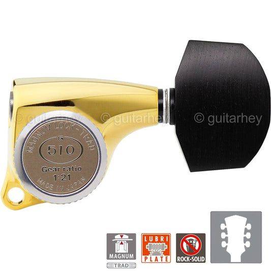 NEW Gotoh SGL510Z-EN01 MGT Locking Tuning Keys, EBONY, 21:1 Ratio Set 3x3 - GOLD