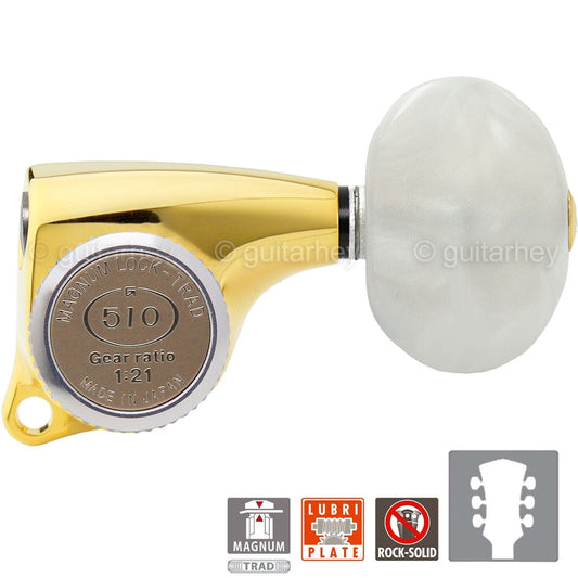 NEW Gotoh SGL510Z-P1 MGT Locking Tuning Keys, PEARLOID 21:1 Ratio Set 3x3 - GOLD