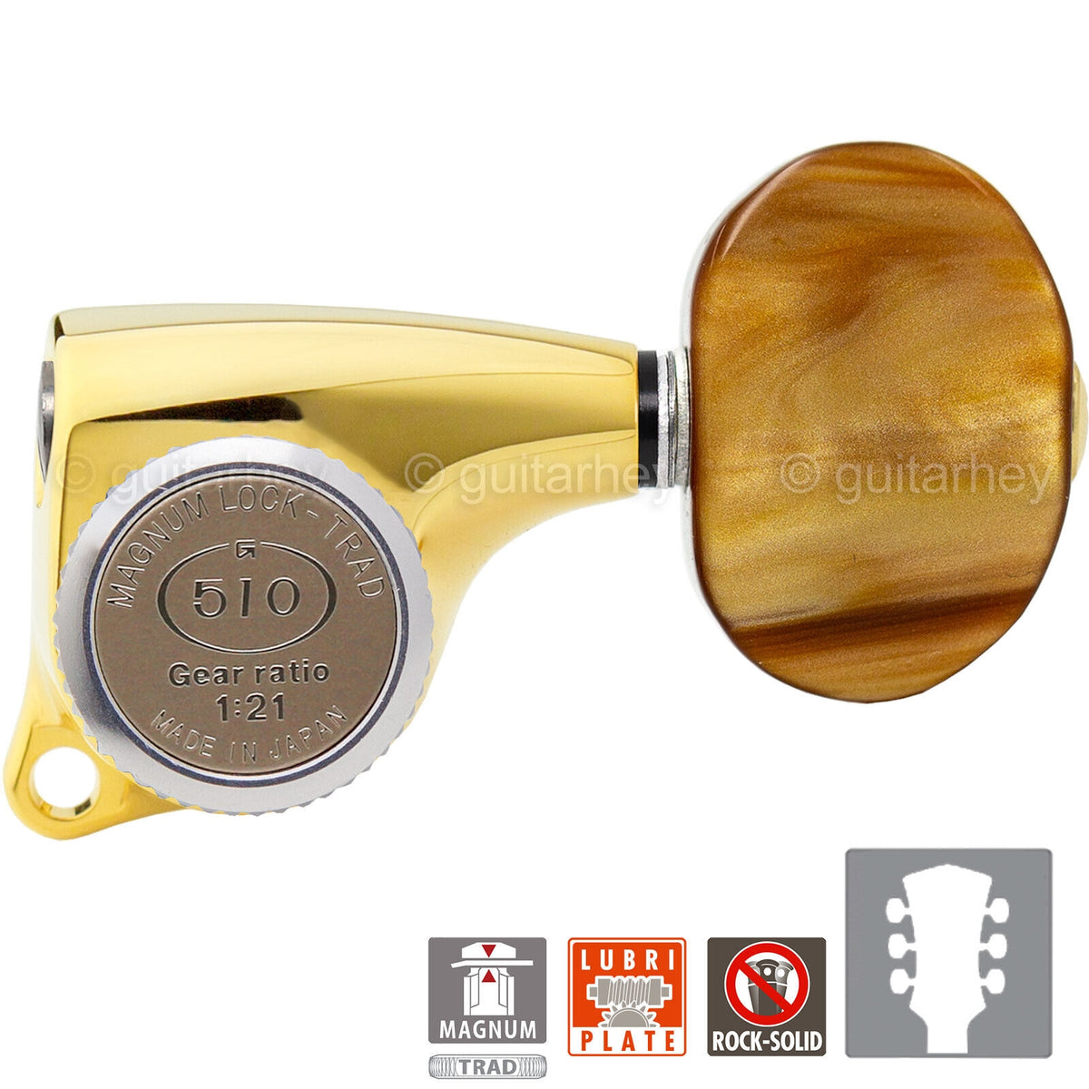 NEW Gotoh SGL510Z-P2 MGT Locking Tuning Keys, AMBER, 21:1 Ratio Set 3x3 - GOLD