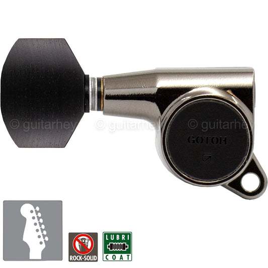 NEW Gotoh SG381-EN07 LEFT-HANDED 6 in Line Set Tuners EBONY Buttons, COSMO BLACK