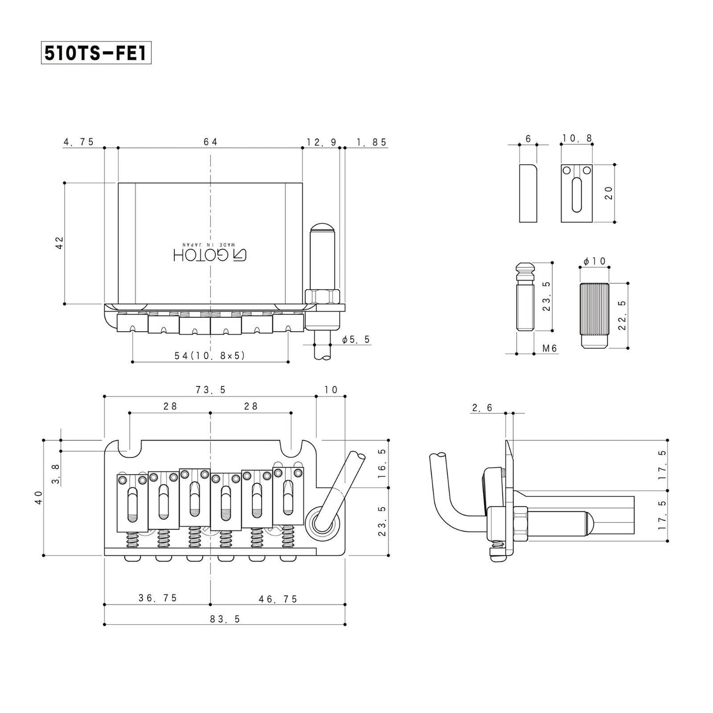 NEW Gotoh 510TS-FE1 Non-locking 2 Point Tremolo Bridge w/ STEEL Block - GOLD