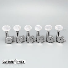 Load image into Gallery viewer, NEW Hipshot 6-in-Line LOCKING Tuners STAGGERED Set w/ PEARL Buttons - CHROME