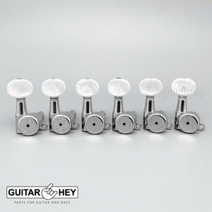 NEW Hipshot 6-in-Line LOCKING Tuners STAGGERED Set w/ PEARL Buttons - CHROME