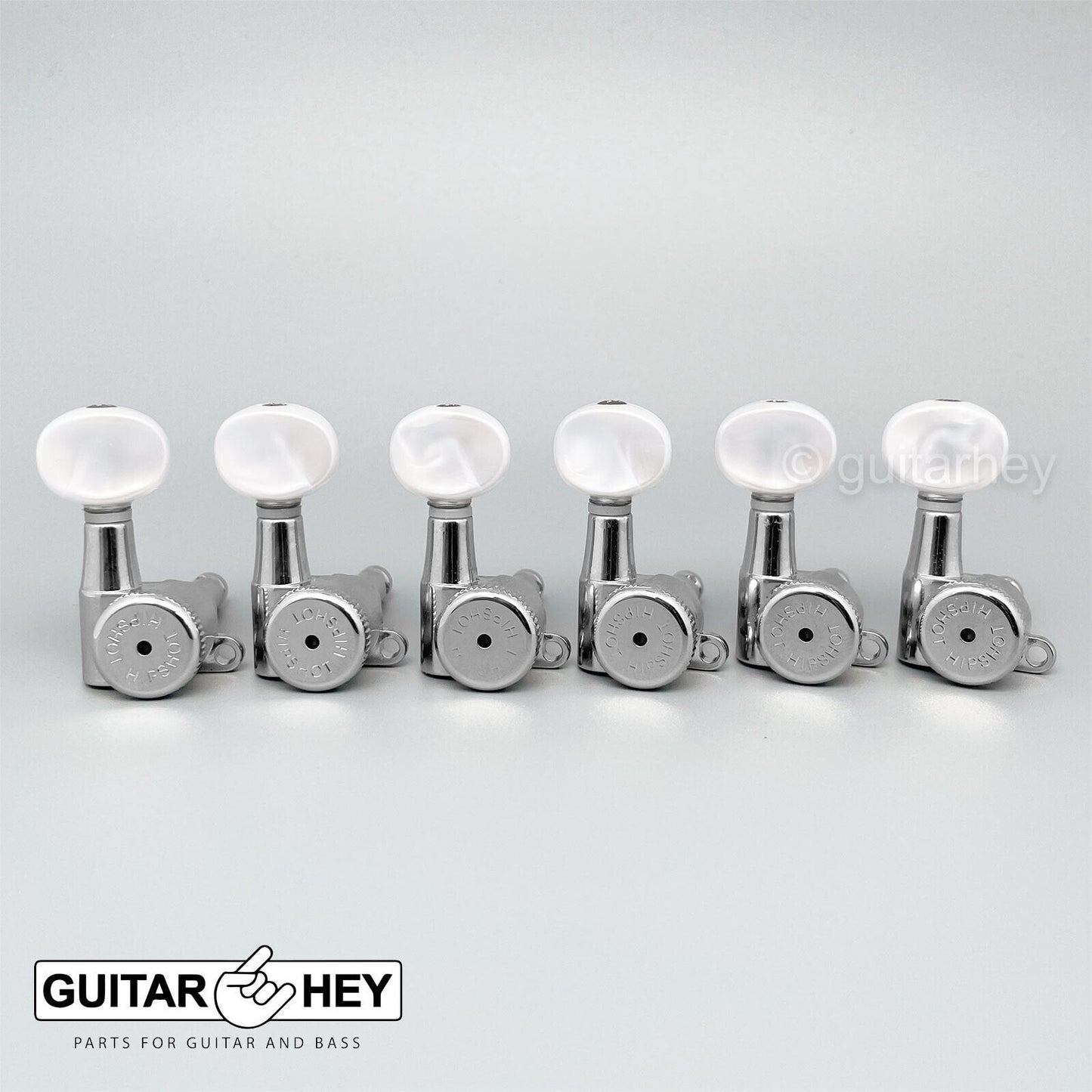 NEW Hipshot 6-in-Line LOCKING Tuners STAGGERED Set w/ PEARL Buttons - CHROME