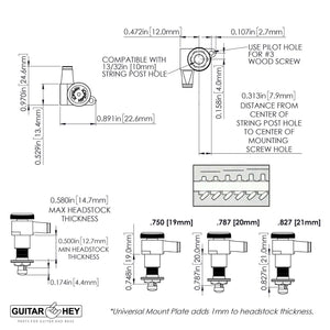 NEW Hipshot 6-in-Line STAGGERED Locking Tuners SET w/ Knurled Buttons - NICKEL