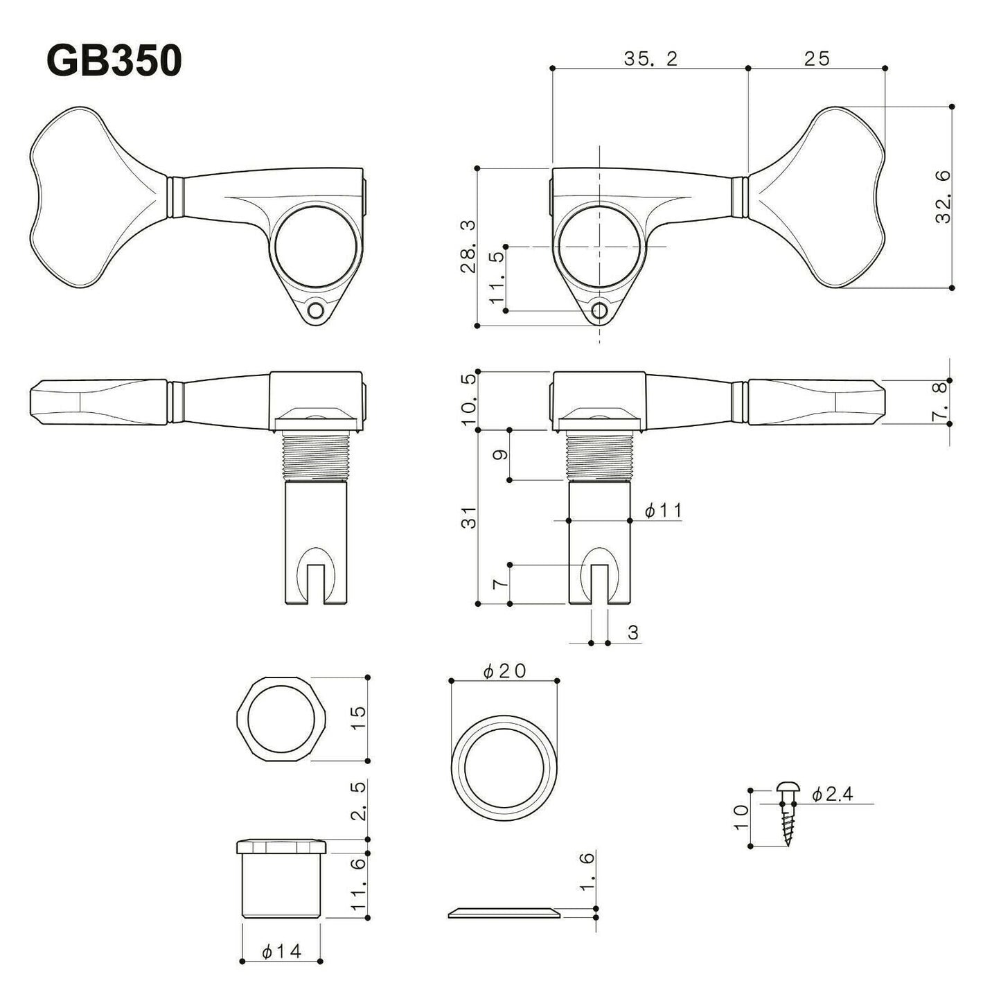 NEW Gotoh GB350 RES-O-LITE Aluminum TREBLE Side 4-in Line Tuners Set COSMO BLACK