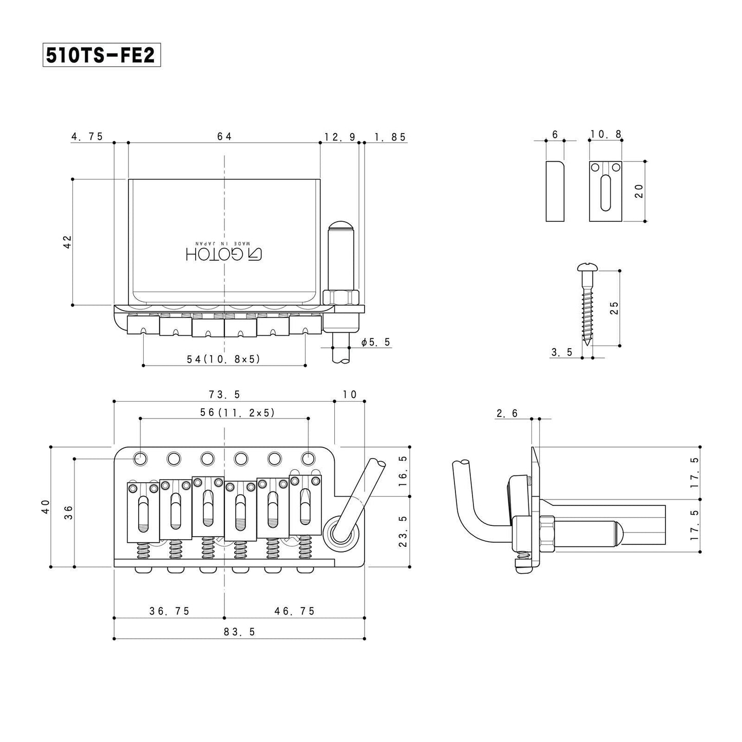 NEW Gotoh 510TS-FE2 Non-locking Tremolo Bridge Steel Saddles & Block - GOLD