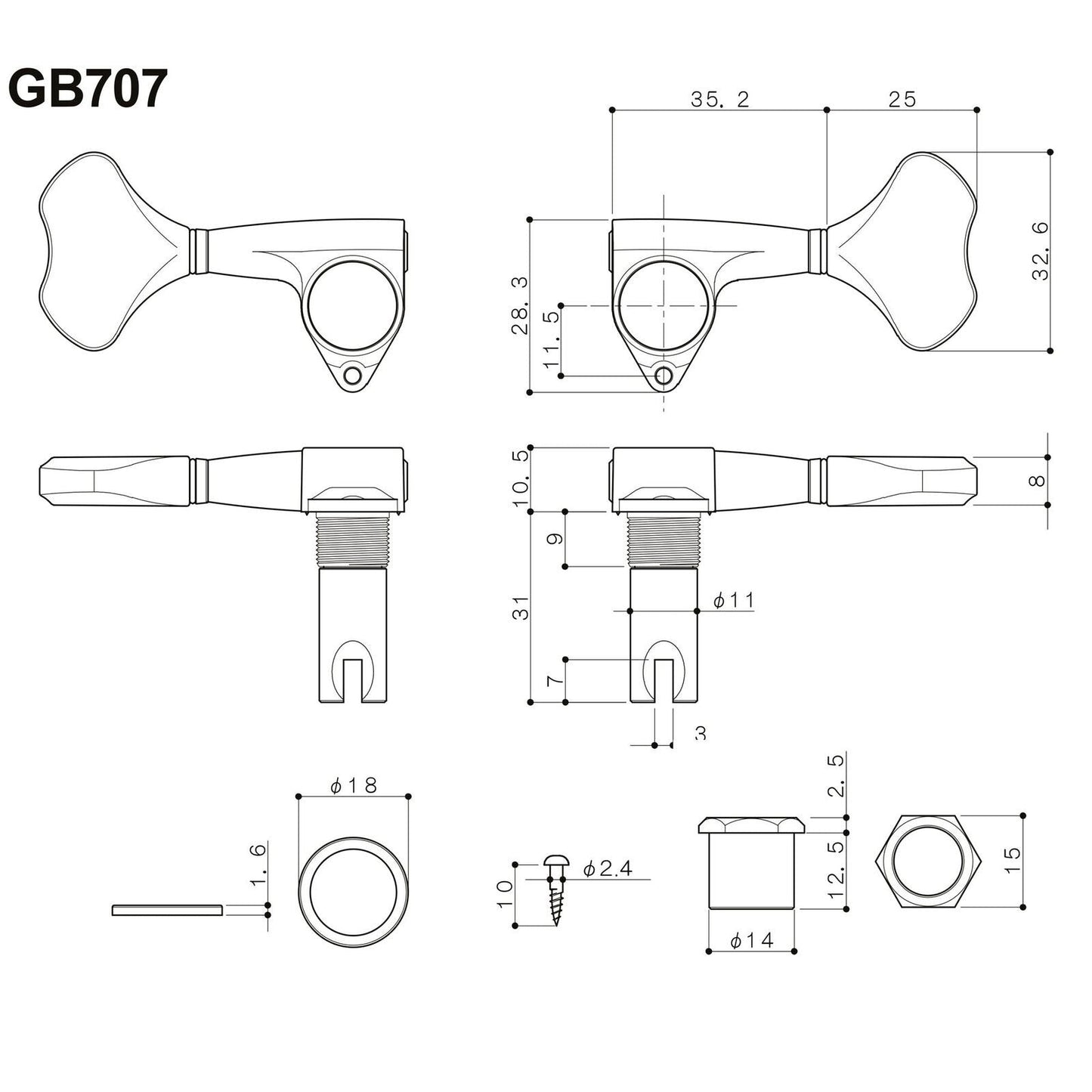 NEW Gotoh GB707 6-Strings Bass Machine Heads Set L2+R4 Tuners w/ Screws - CHROME