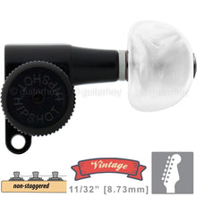 Load image into Gallery viewer, Hipshot VINTAGE 6-in-Line Locking Tuners Non-Stag Pearl Buttons 21/64&quot; ID, BLACK