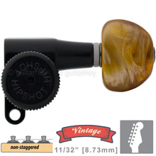 Load image into Gallery viewer, NEW Hipshot VINTAGE 6-in-Line Locking Tuners Non-Stag Amber Buttons - BLACK