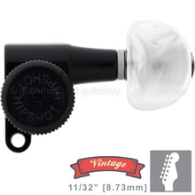 Load image into Gallery viewer, NEW Hipshot VINTAGE 6-in-Line Locking Tuners STAGGERED Pearl Buttons - BLACK