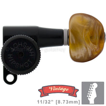 Load image into Gallery viewer, NEW Hipshot VINTAGE 6-in-Line Locking Tuners STAGGERED Amber Buttons - BLACK