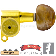 Load image into Gallery viewer, NEW Hipshot VINTAGE 6-in-Line Locking Tuners Non-Stag Amber Moon Buttons - GOLD