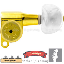 Load image into Gallery viewer, NEW Hipshot VINTAGE 6-in-Line Locking Tuners Non-Stag Pearl Moon Buttons - GOLD