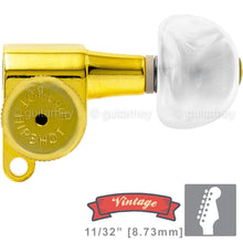 Load image into Gallery viewer, NEW Hipshot VINTAGE 6-in-Line Locking Tuners STAGGERED Moon Pearl Buttons - GOLD