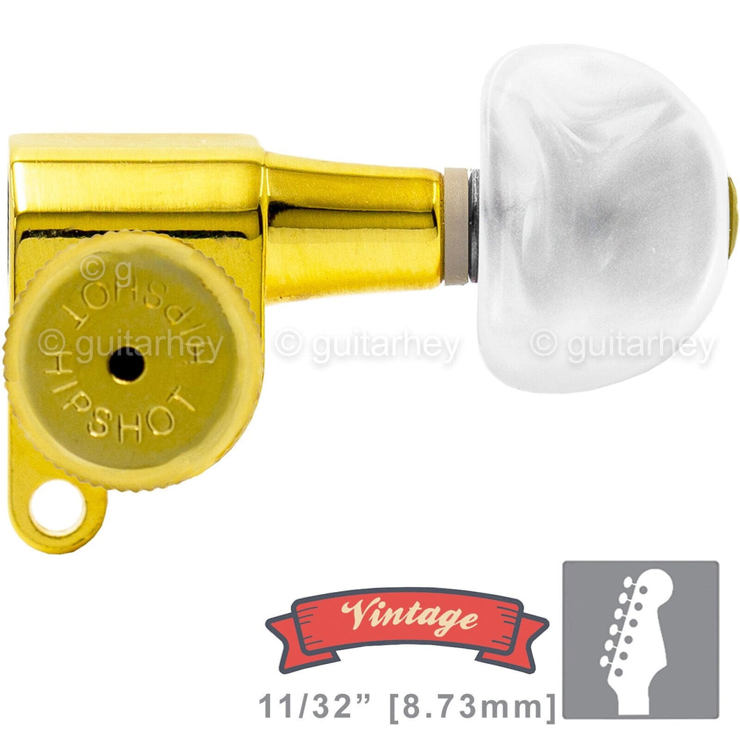 NEW Hipshot VINTAGE 6-in-Line Locking Tuners STAGGERED Moon Pearl Buttons - GOLD