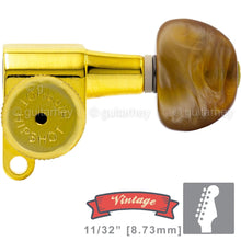 Load image into Gallery viewer, NEW Hipshot VINTAGE 6-in-Line Locking Tuners STAGGERED Moon Amber Buttons - GOLD