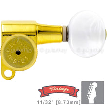 Load image into Gallery viewer, NEW Hipshot VINTAGE 6-in-Line Locking Tuners STAGGERED OVAL Pearl Buttons - GOLD