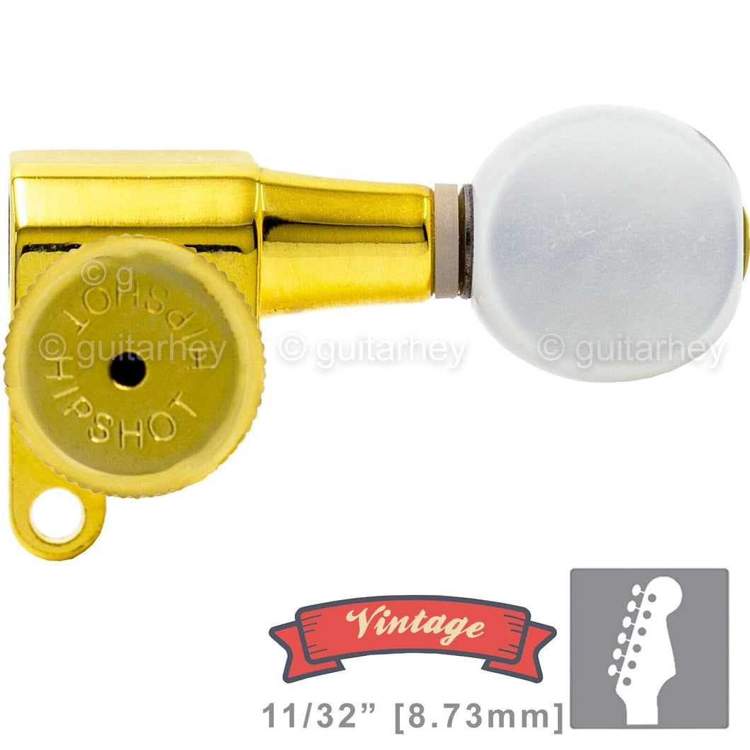 NEW Hipshot VINTAGE 6-in-Line Locking Tuners STAGGERED Pearloid Buttons - GOLD