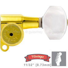 Load image into Gallery viewer, NEW Hipshot VINTAGE 6-in-Line Locking Tuners STAGGERED HEX Pearl Buttons - GOLD